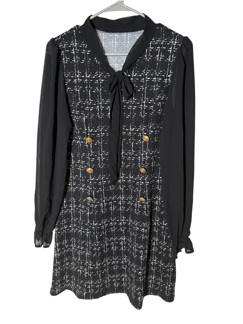 {NWOT} Black Tweed-Style Long Sleeve Dress with Tie Neck M